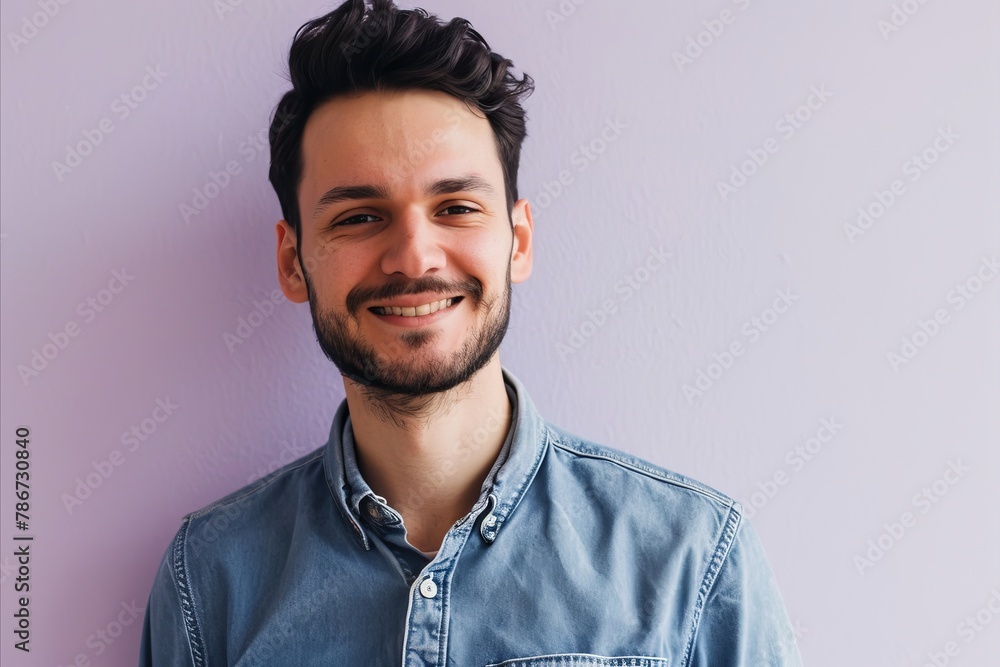 Portrait of a smiling young man standing against purple wall. Looking at camera. Portrait of a smiling young man standing against purple wall. Looking at camera.