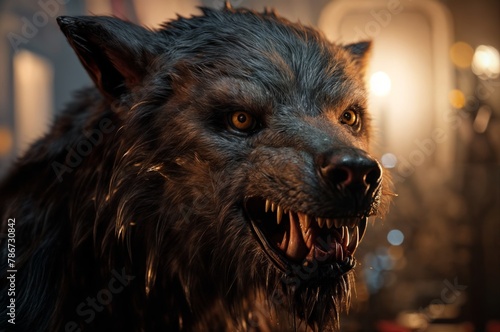 A snarling black wolf with sharp teeth and piercing yellow eyes. photo