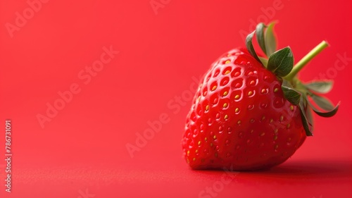 Single ripe strawberry against red background