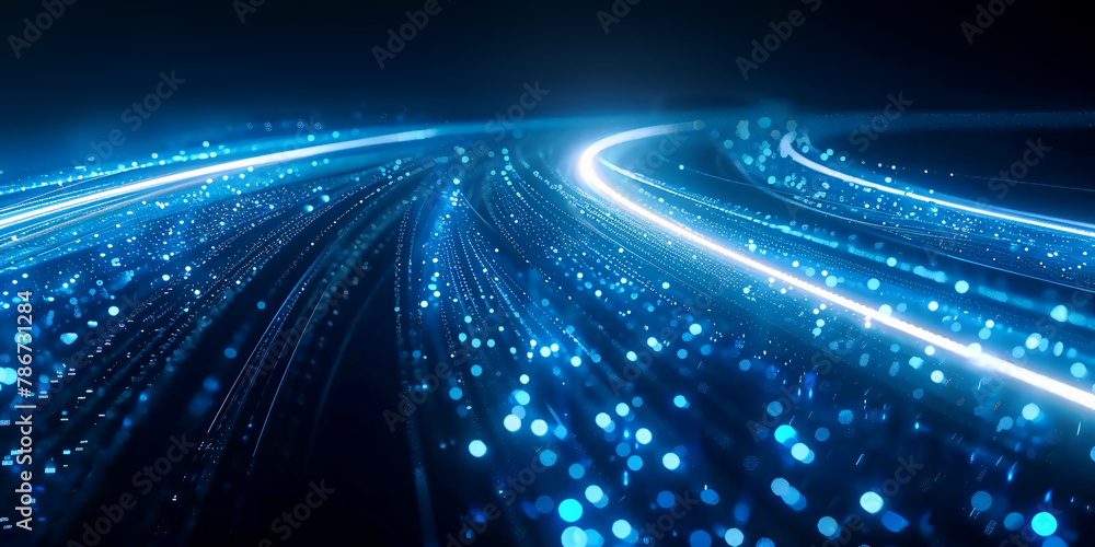Digital Blue Light Fibers Accelerating. Dynamic blue optical fibers emitting light, representing high-speed data transfer and connectivity.