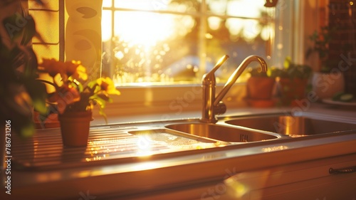 Warm sunlight bathing kitchen sink with plants by window