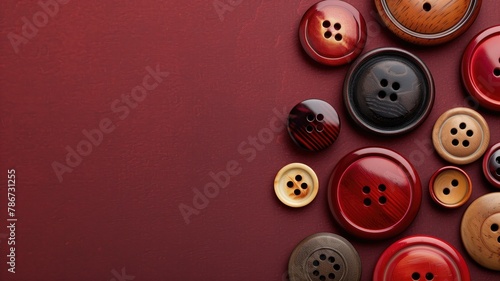 Various sewing buttons scattered on red background photo