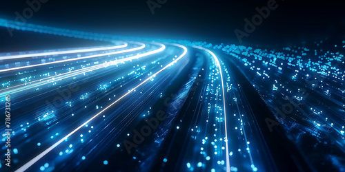 Digital Blue Light Fibers Accelerating. Dynamic blue optical fibers emitting light, representing high-speed data transfer and connectivity.