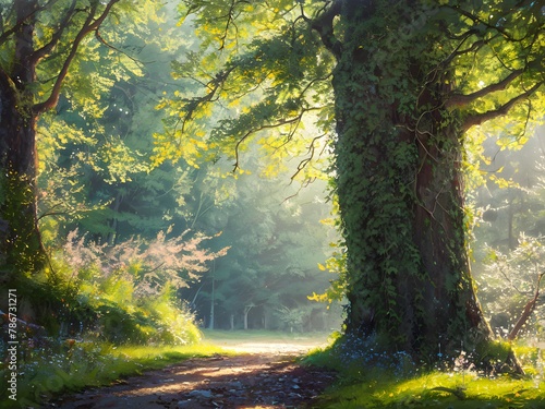 爽やかな日差しと森の小径　ツタの巻き付いた大木　幻想的　ノスタルジー photo