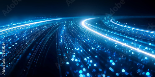 Obraz na płótnie Digital Blue Light Fibers Accelerating. Dynamic blue optical fibers emitting light, representing high-speed data transfer and connectivity. w salonie