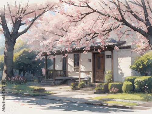 建物と桜のある風景　観光地　住宅　春爛漫