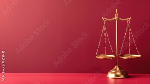 Golden balance scale on red background, symbolizing law, justice, and equality photo