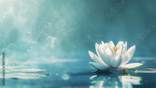 White lotus flower floating on tranquil water with magical light and mist