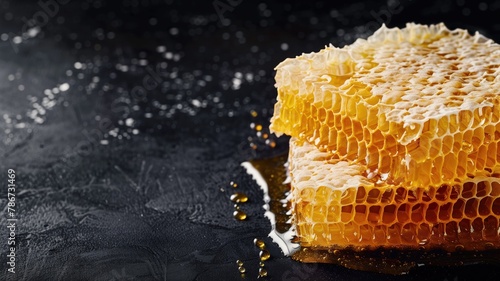 Fresh golden honeycomb on dark background with honey dripping photo