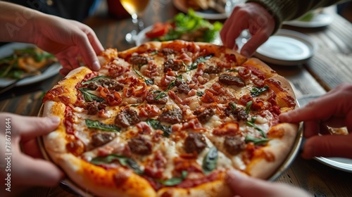 A meat-lover's pizza heavily loaded with assorted meats surrounded by hands ready to indulge