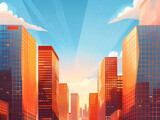 Illustration of a vibrant sunset over a stylized cityscape with skyscrapers.