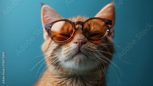 A close-up portrait of a funny ginger cat wearing sunglasses, isolated on a light cyan background with copy space.