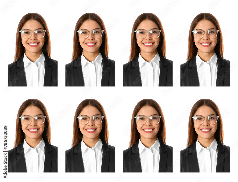 Passport photo, collage. Woman on white background, set of photos Passport photo, collage. Woman on white background, set of photos