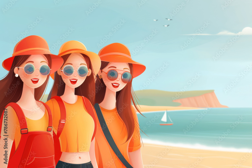 Three illustrated women in summer attire stand on a beach with a seascape in the background.