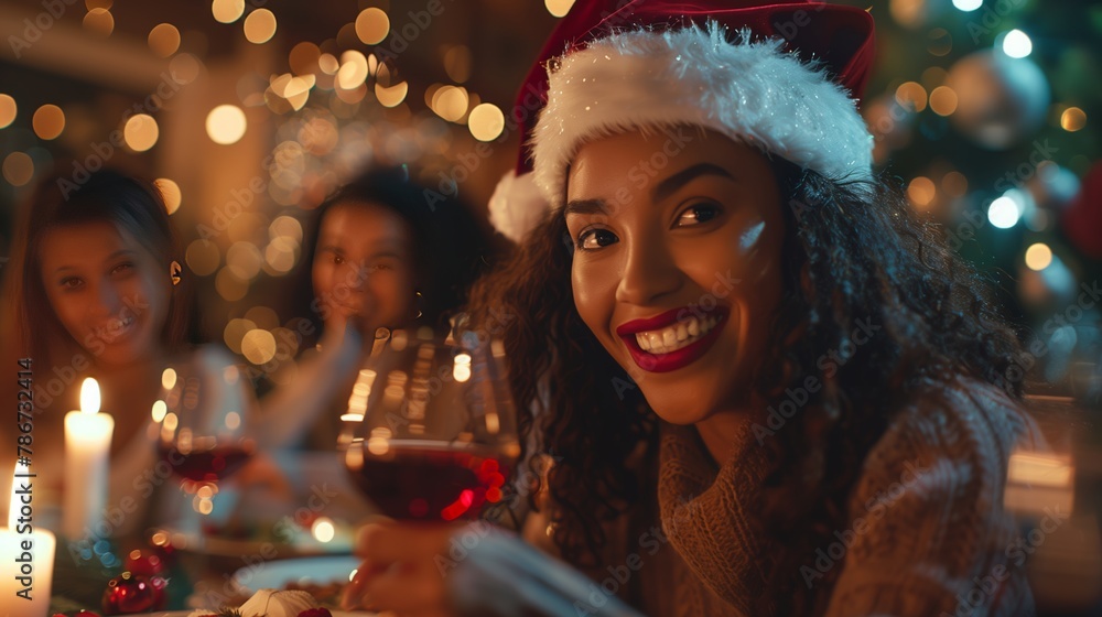Woman Enjoying Christmas Dinner Party with Friends Woman Enjoying Christmas Dinner Party with Friends