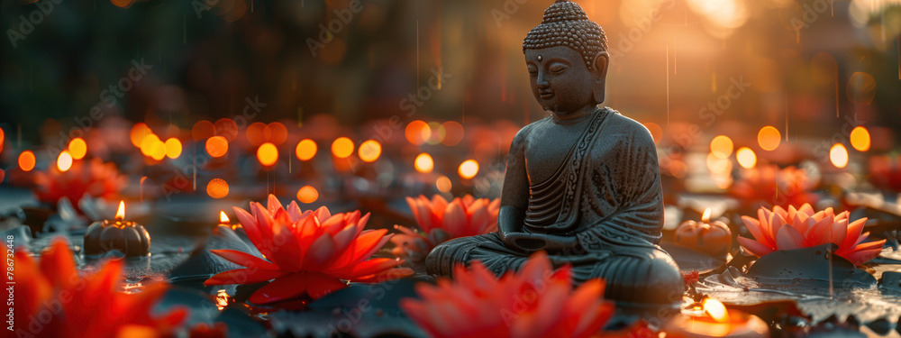 Naklejka premium Buddha sitting in meditation position, surrounded by pink lotus flowers and burning candles. Buddha's birthday holiday. Buddhism concept. Template for design. Banner with place for text