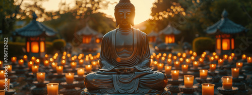 Buddha in lotus position for meditation, surrounded burning candles and lanterns. Buddha's birthday holiday. Buddhism concept, banner