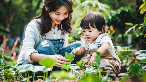In a garden, a mom showing her child how to plant a seed, nurturing growth in nature and in life.