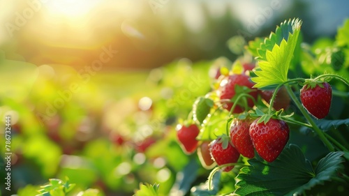 Ripe strawberries in field with sunlight