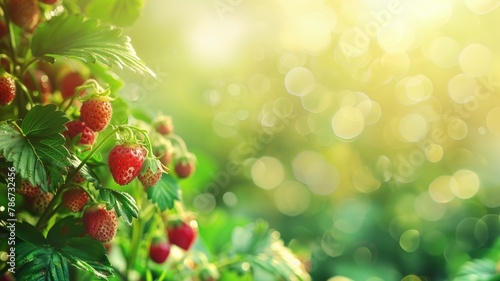Ripe strawberries on plant with sunlight bokeh background