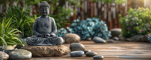 Buddha meditates in lotus position against background flowers, stones and fence. Buddha's birthday holiday. Buddhism concept. Template for design. Banner with place for text