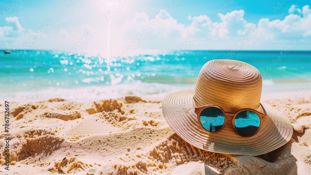 Straw hat and sunglasses on sandy beach under sunny sky Straw hat and sunglasses on sandy beach under sunny sky