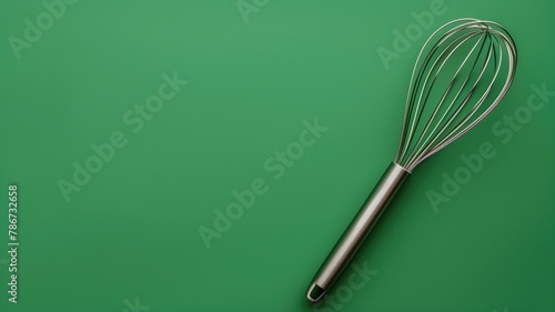 Silver whisk on green background, kitchen utensil for mixing photo