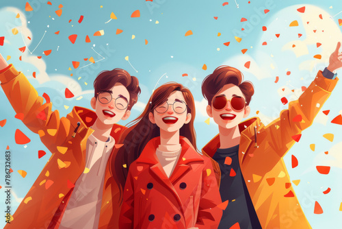 Illustration of three joyful friends celebrating with confetti in the air under a sunny sky.