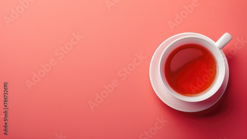White cup of tea on coral background, viewed from above