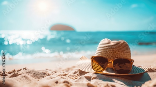 Straw hat and sunglasses on sunny beach with clear blue sky