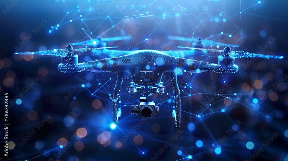 Abstract depiction of a drone with action video camera against a dark blue backdrop, characterized by lines and dots forming a polygonal low poly structure. Abstract depiction of a drone with action video camera against a dark blue backdrop, characterized by lines and dots forming a polygonal low poly structure.