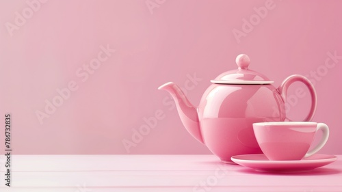 Pink teapot and cup on pink background with soft lighting minimalist style