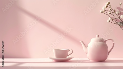 White teapot and cup sit under soft lighting with pink background