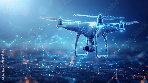 Abstract depiction of a drone with action video camera against a dark blue backdrop, characterized by lines and dots forming a polygonal low poly structure. photo