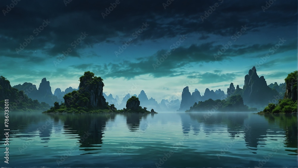 blue and green sky and water fantasy landscape background from Generative AI