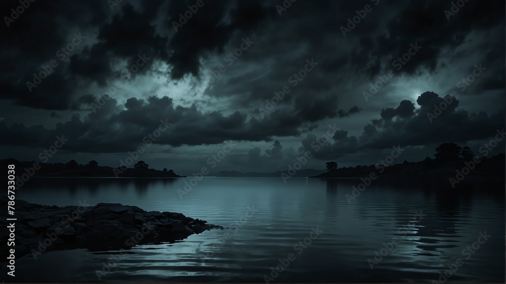 dark black sky and water fantasy landscape background from Generative AI