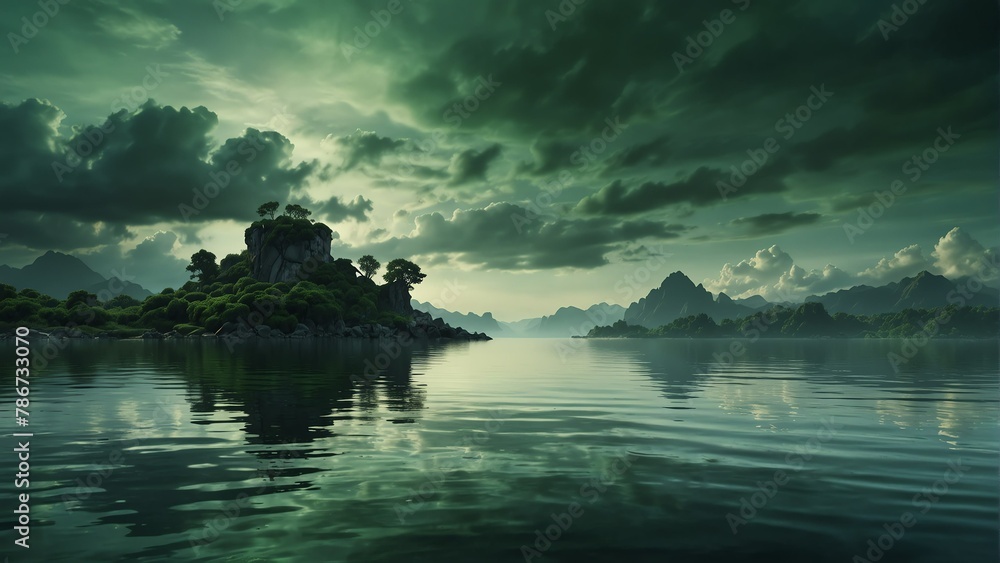 green sky and water fantasy landscape background from Generative AI