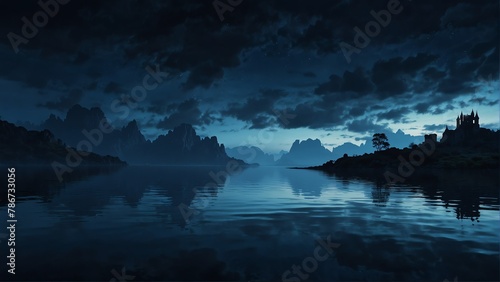 dark royal blue sky and water fantasy landscape background from Generative AI