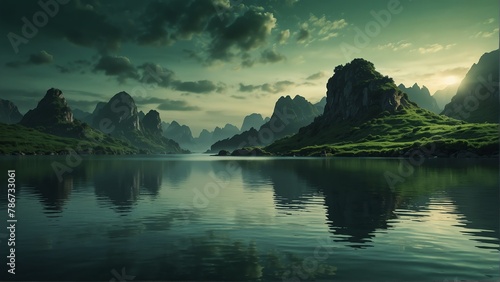 green sky and water fantasy landscape background from Generative AI