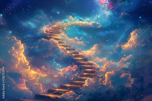 Stairs leading to the sky, fantasy background with stars and clouds, spiral staircase reaching into space