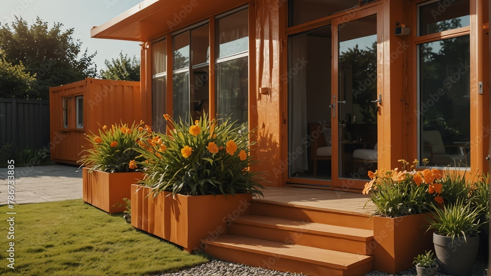 orange theme container house with entrance porch and front yard lawn and flower beds, with morning sunlight from Generative AI