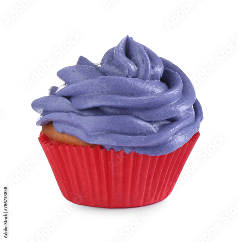 Delicious cupcake with violet cream isolated on white