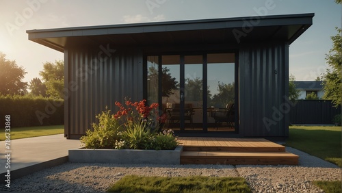 minimalist theme container house with entrance porch and front yard lawn and flower beds, with morning sunlight from Generative AI