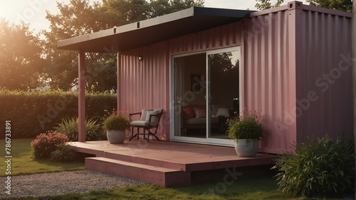 pink theme container house with entrance porch and front yard lawn and flower beds, with morning sunlight from Generative AI