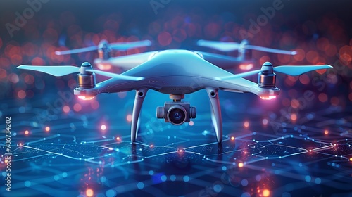 Drone equipped with a camera portrayed in a lifelike manner against a blue backdrop, rendered in vector format. © Khalida