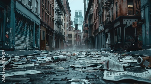 Desolate city street littered with papers and debris, signs of neglect abandonment