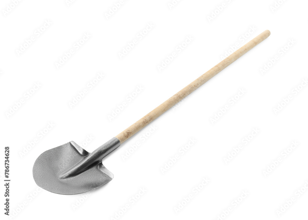 One new shovel with wooden handle isolated on white. Gardening tool One new shovel with wooden handle isolated on white. Gardening tool