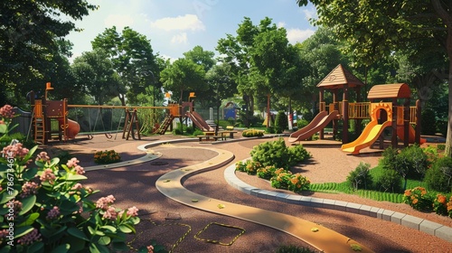 3D visualization of an interactive children playground designed by child psychologists and playground designers, focusing on developmental benefits. photo