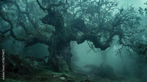Mysterious foggy forest with gnarled trees at night
