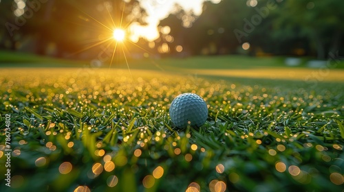 Golf balls and clubs ready on course in morning sunlight.